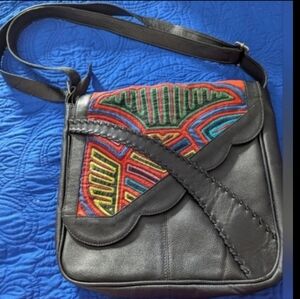 Black Leather Crossbody Bag with Multicolor Embroidered Panel. FIRM